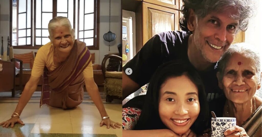 Milind-Soman-Mother-Usha-Soman-81-Years-Birthday-Celebration-Push-Ups