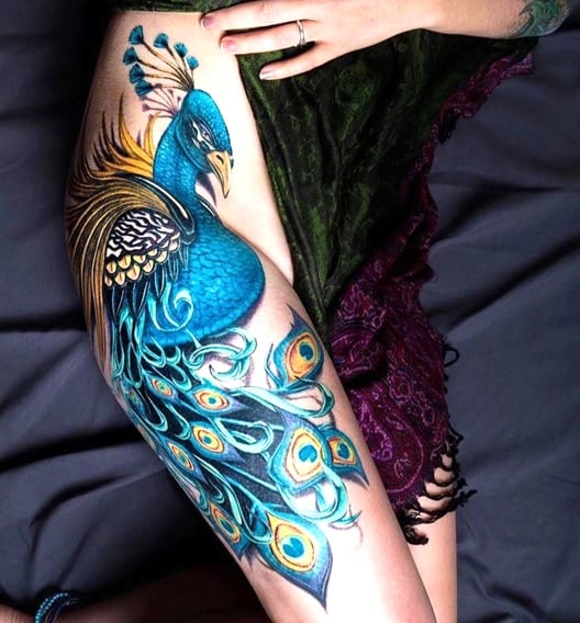 Realistic Leg Peacock Thigh Tattoo by Archive Tattoo