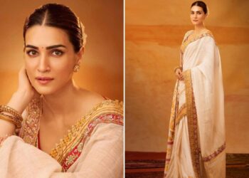 Kriti Sanon gold print saree adipurush trailer launch