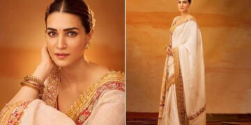Kriti Sanon gold print saree adipurush trailer launch