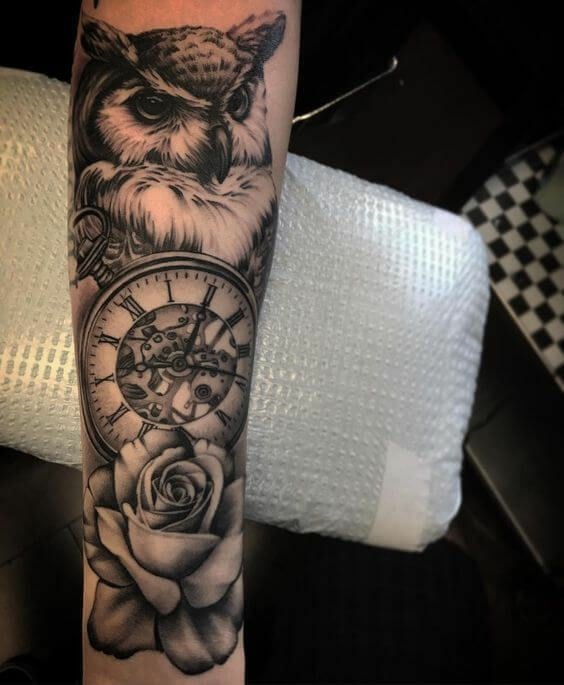 Owl rose and clock Tattoo-21