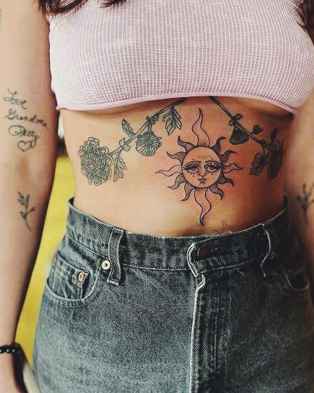 Sun and Flower Stomach Tattoo-28