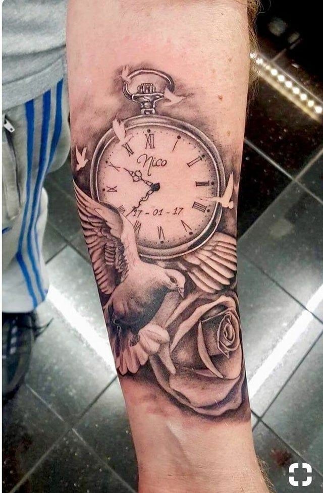 Clock, rose and dove Tattoo-38