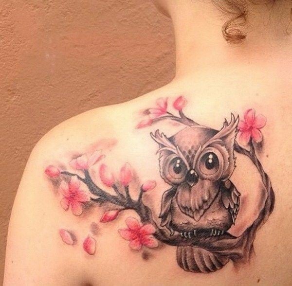 Owl with cherry Blossom tattoo-26