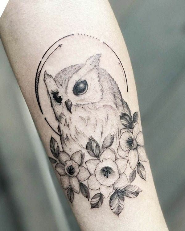 Owl with flowers tattoo-07