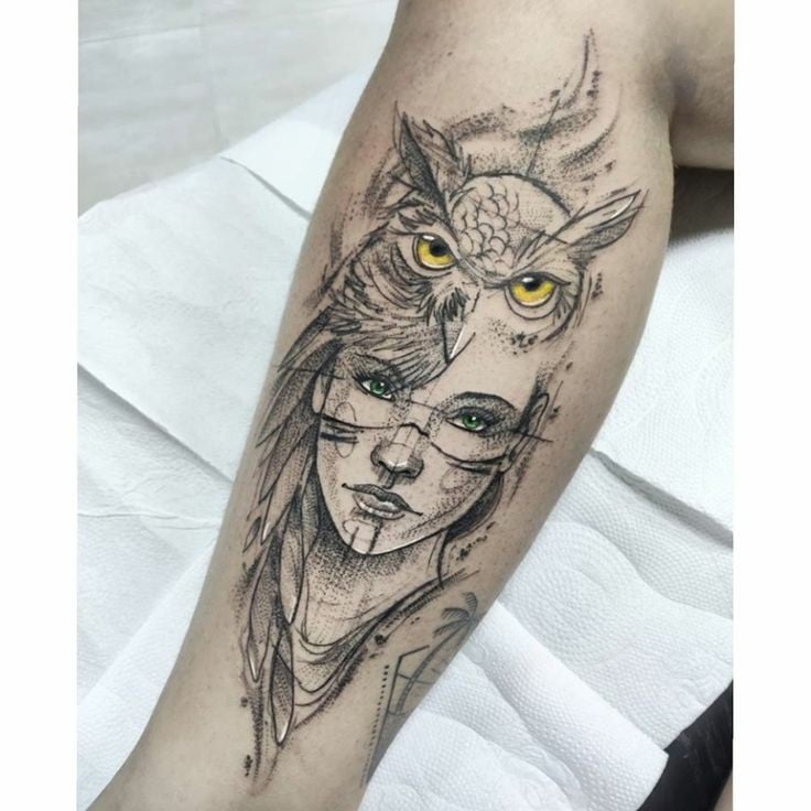 Owl with girl Face Tattoo-14