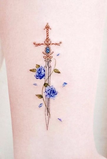 Blue rose sword tattoo