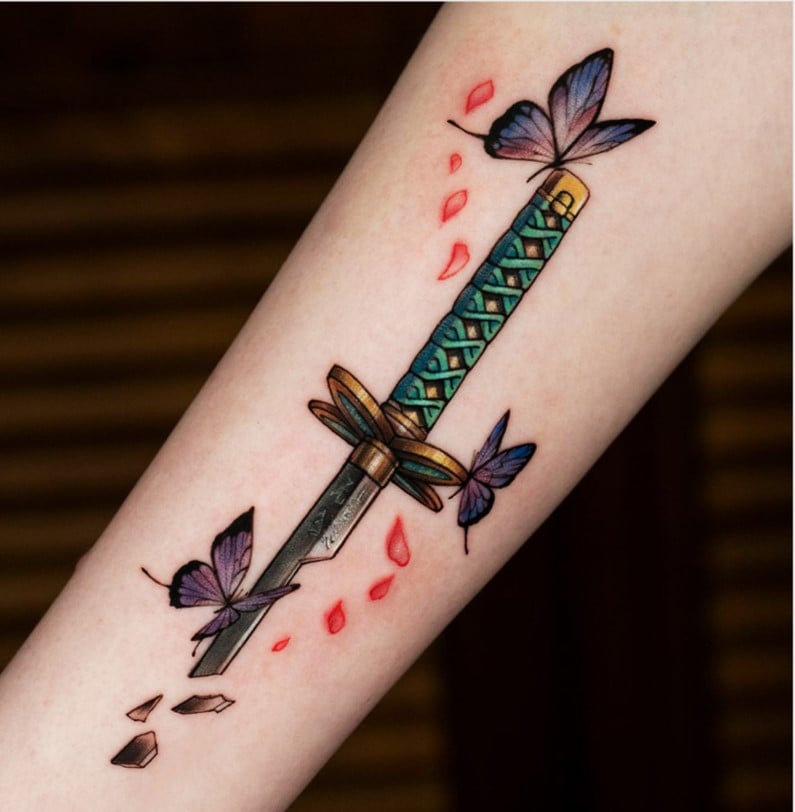 Broken butterfly sword tattoo