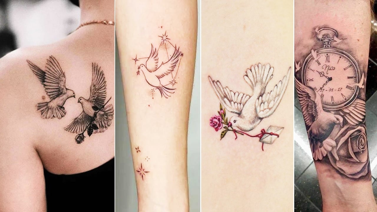 Dove And Cross Tattoo On Back Shoulder