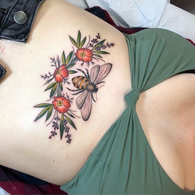 Flower Bee Stomach Tattoo