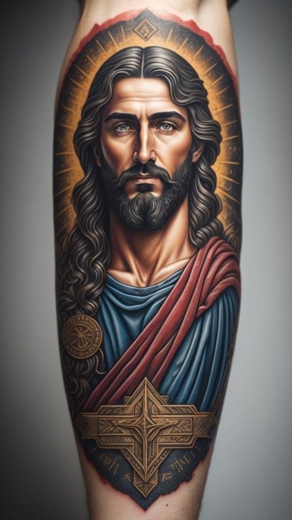 Jesus in a traditional religious art style tattoo