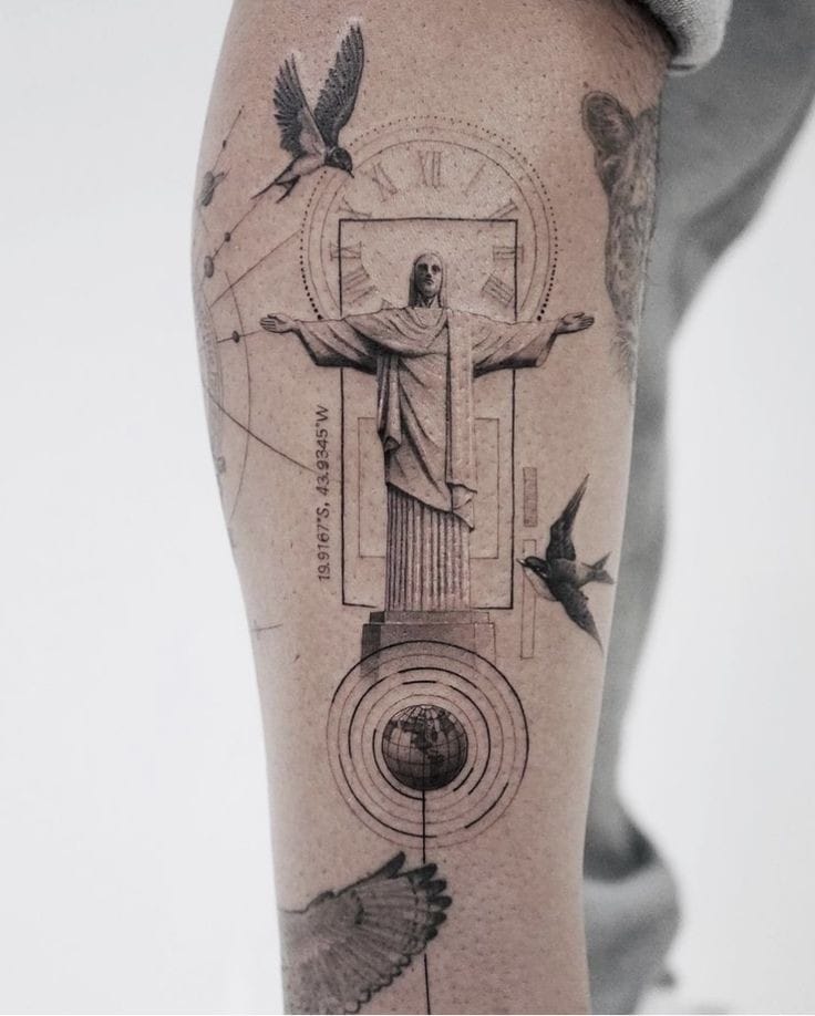 Jesus with a compass tattoo