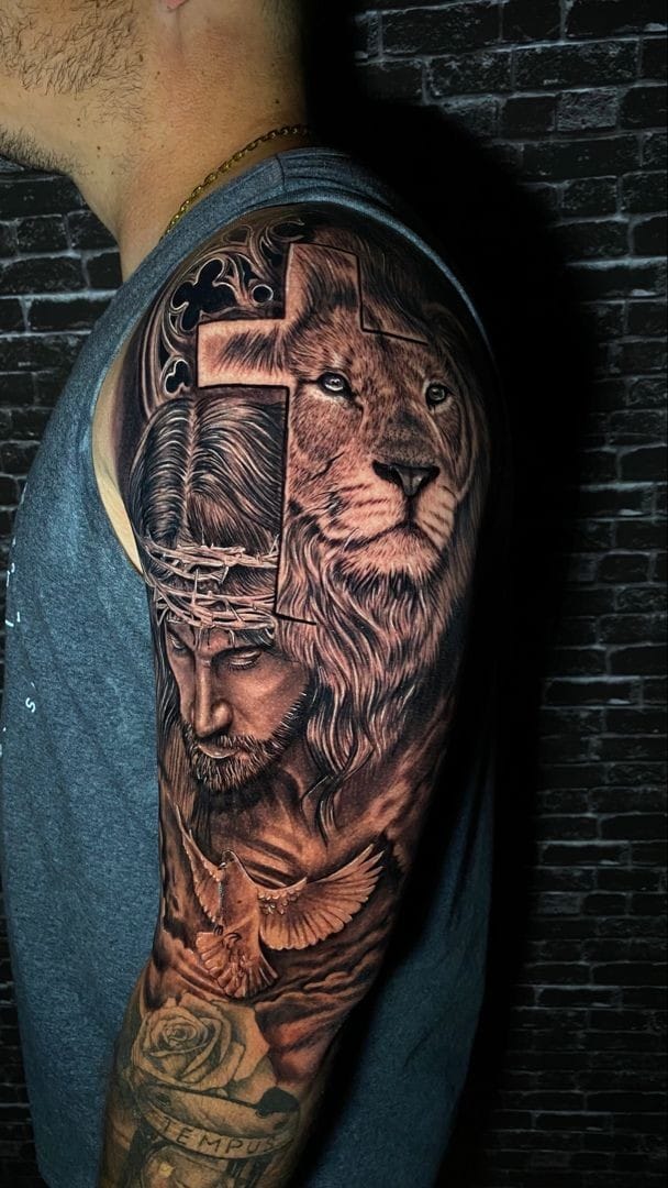 Jesus with a lion tattoo
