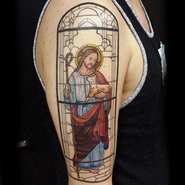 Jesus with a stained glass window effect tattoo