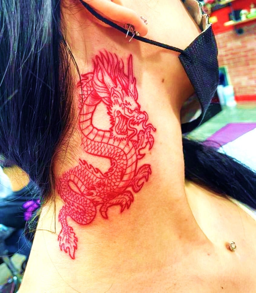Neck red dragon tattoo