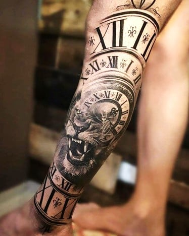 Roaring clock men’s leg tattoo