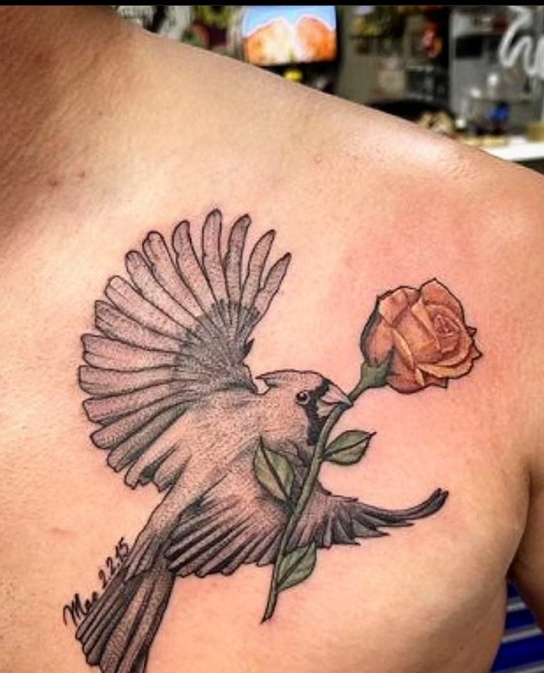 Bird holding rose tattoo -42