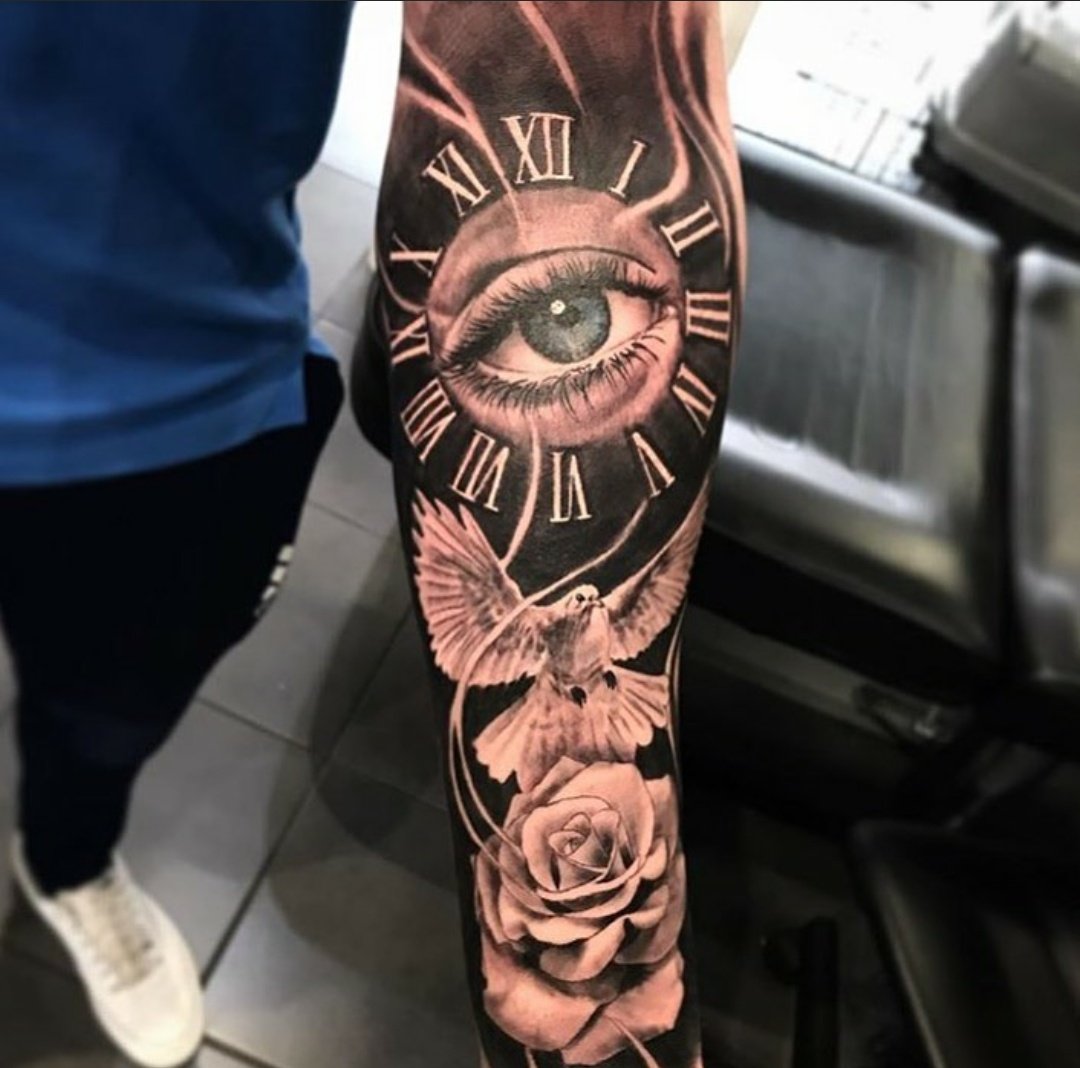 Dove,rose,clock,eye tattoo -48