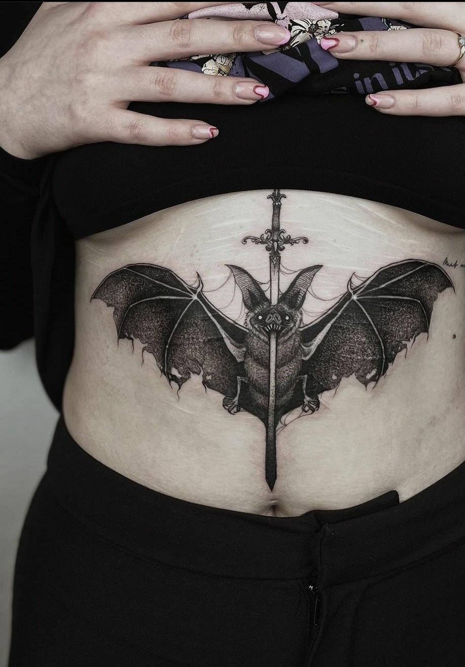Bat and sword stomach Tattoo-31