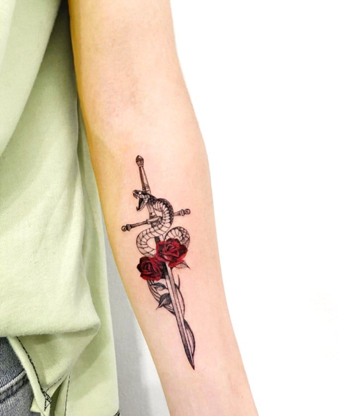 Snake rose sword tattoo