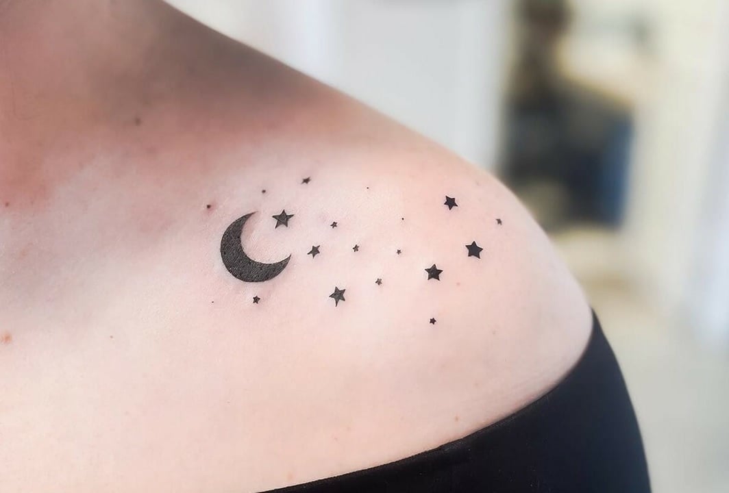 Star Moon Night Tattoo On Shoulder