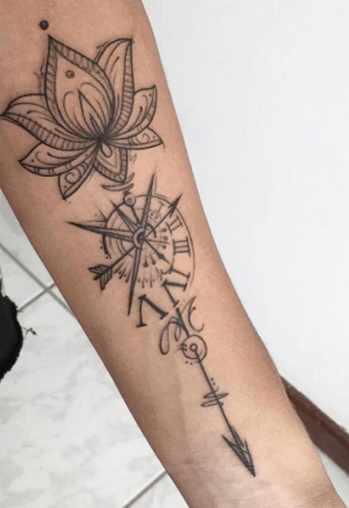 lotus flower with compass tattoo