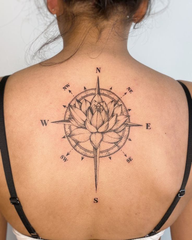 lotus flower with compass tattoo