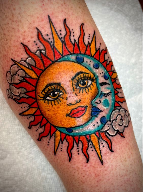 One With Sun, Moon, Cloud And Stars Tattoo