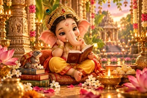 cute ganesh reading books